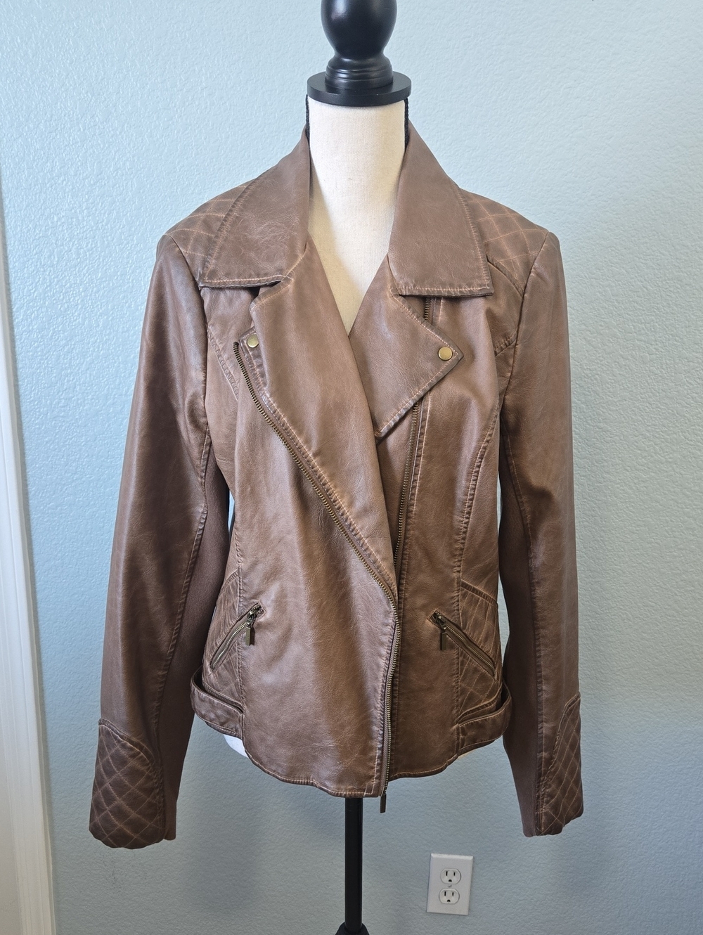 MAURICES Brown Faux Leather Moto Jacket Quilted Sz XL